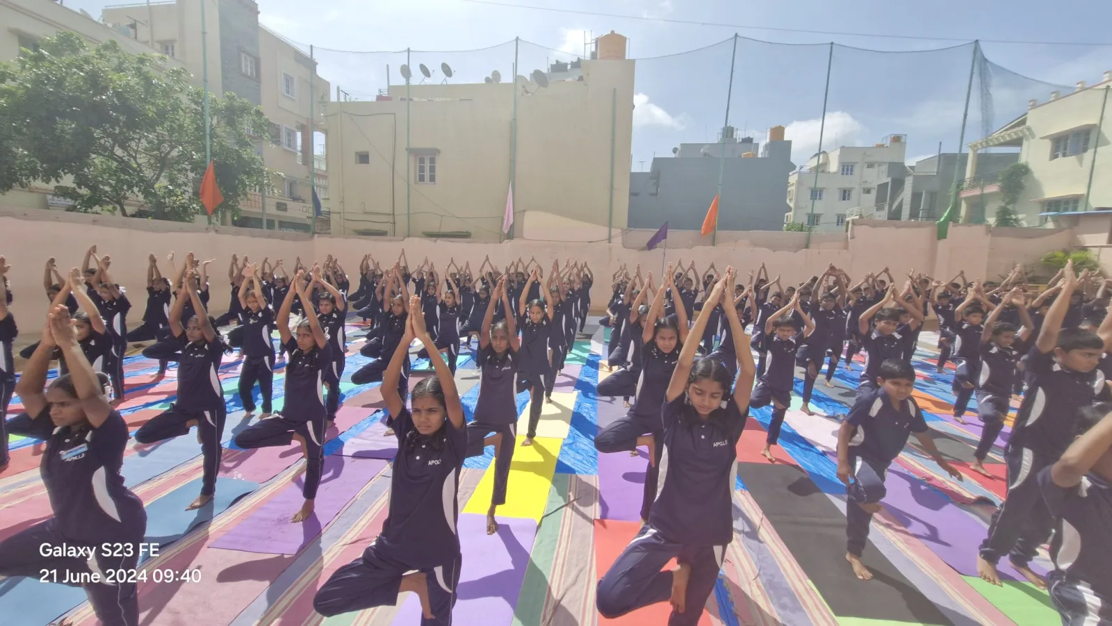 Hundreds of students performing a tree-pose yoga formation on colourful mats